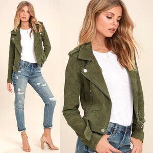 BlankNYC 100% Leather Green Moto Biker Jacket Suede Size XS Silver Hardware Boho